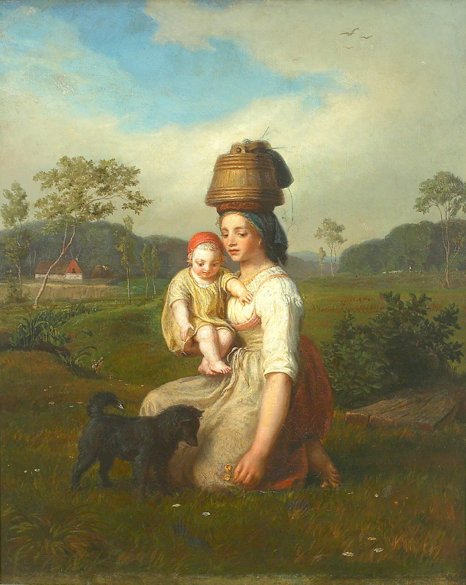 Paesaggio francese con donna, cane e bambino, sullo sfondo un pastore con le sue pecore - 1853